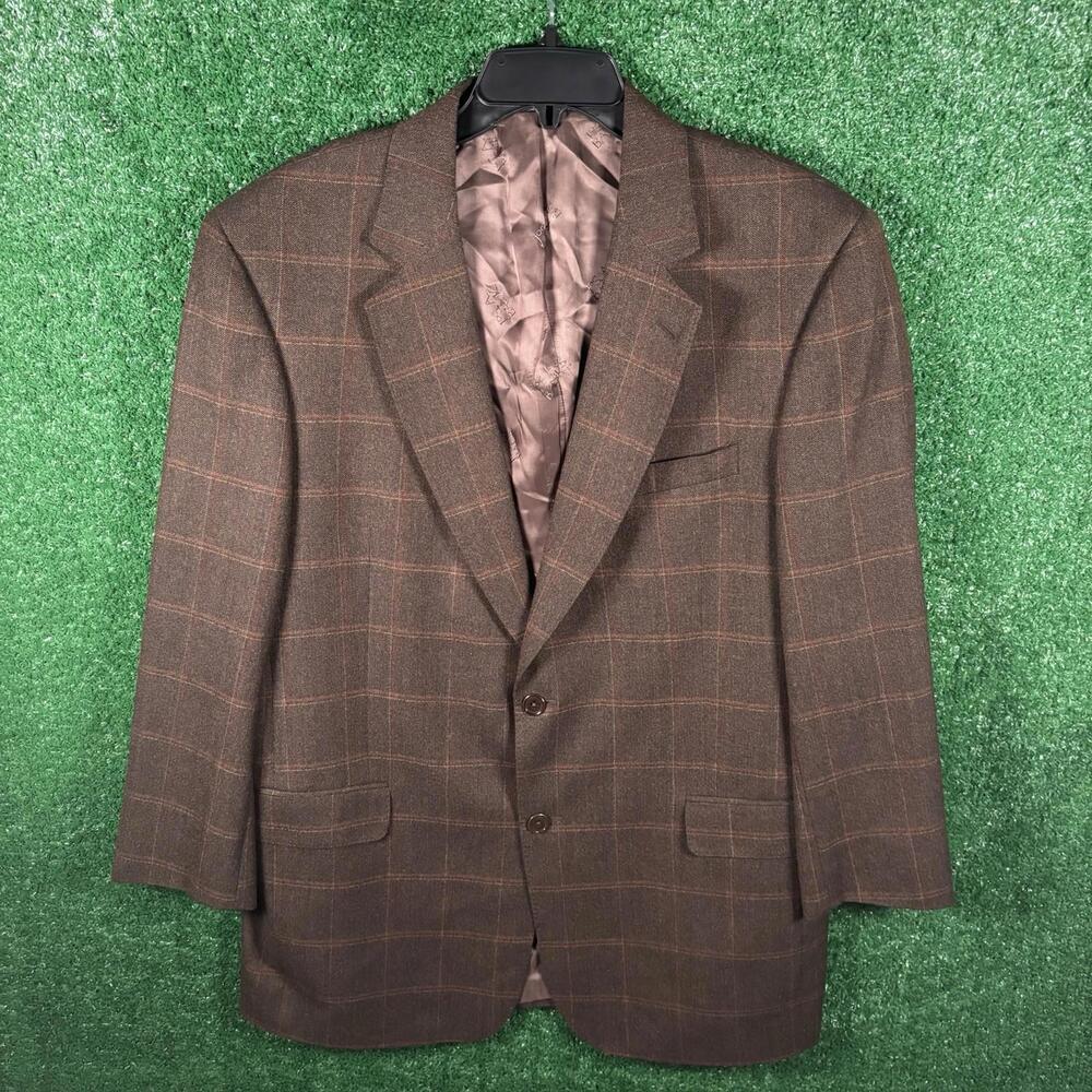 Jos A Bank Signature Gold Blazer 44L Brown Plaid Wool Cashmere 2-Button Check